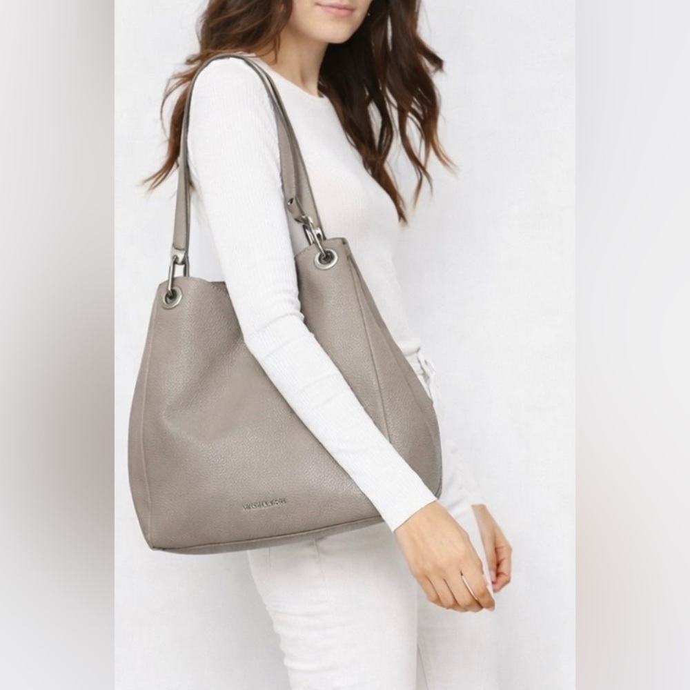 Michael Kors Raven Large Pebbled Leather Shoulder Bag Taupe Silver Hardware